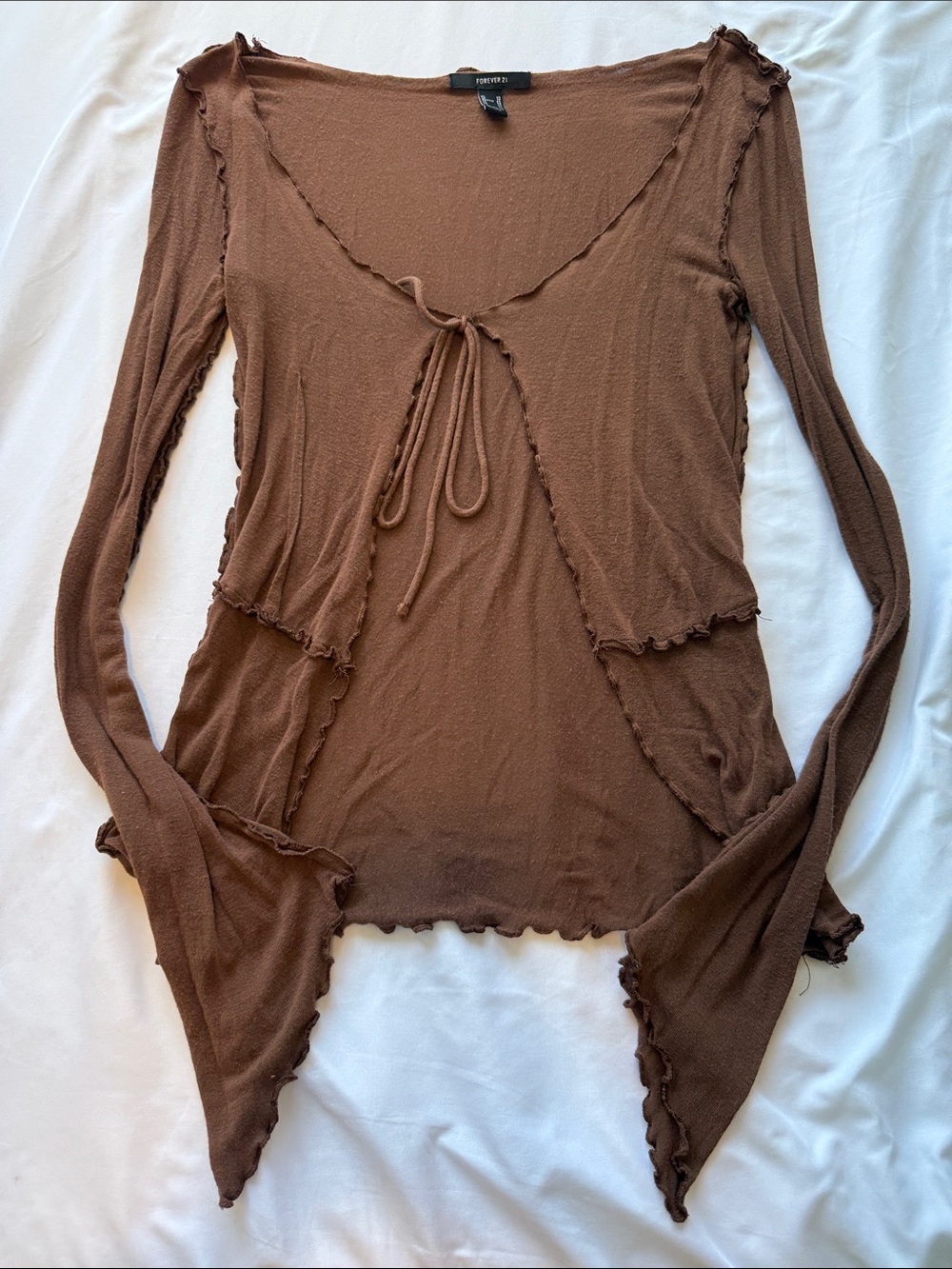 Forever 21 Brown Tie-Front Ruffle Edge Lightweight Cardigan